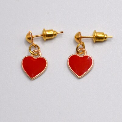 Small Red Enameled Heart Earrings - image1
